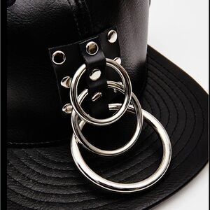 Black Leather Hat with Silver Rings